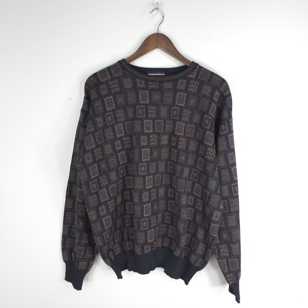 Neiman Marcus Sweater Mens XL Brown Geometric Wool Knit Crewneck Pullover